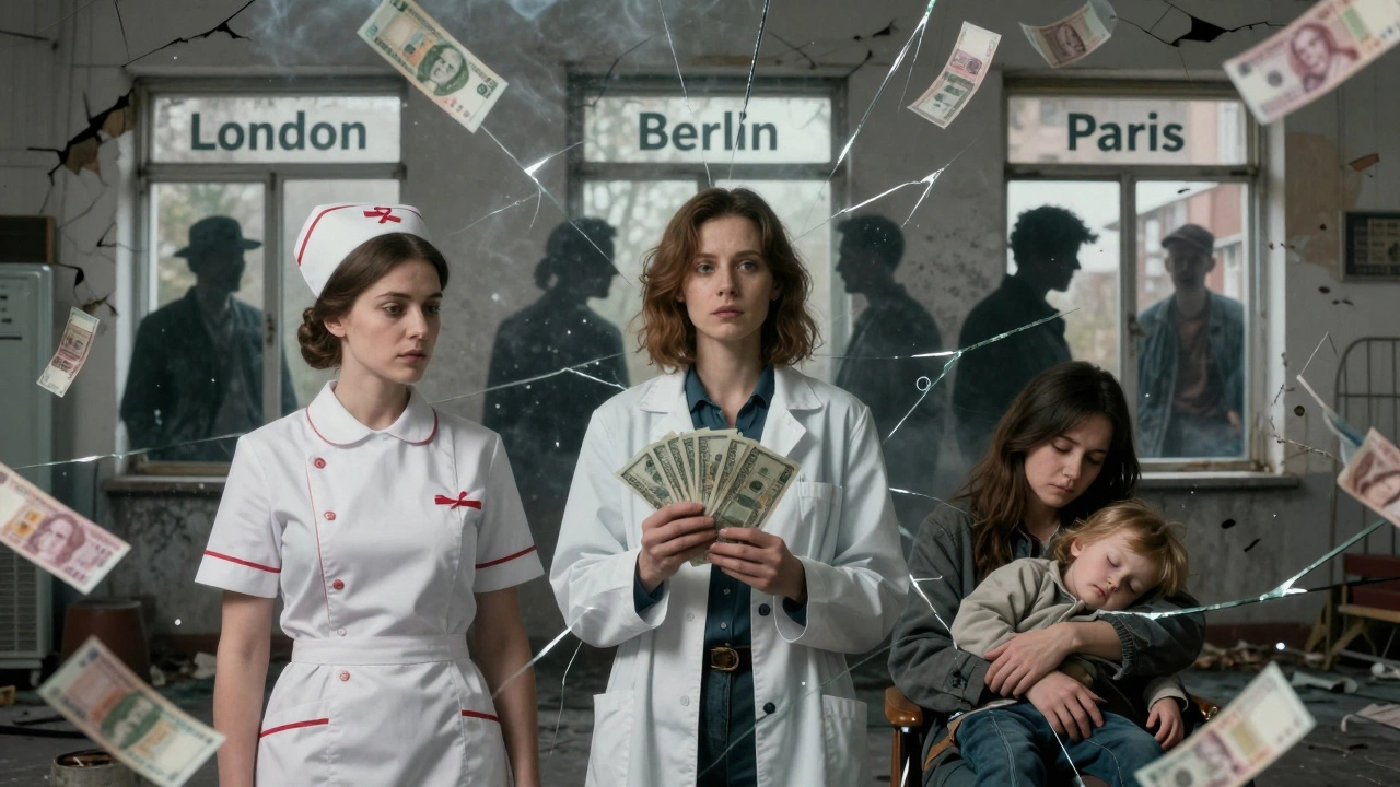 A fractured mirror shows a woman as nurse, escort, and mother, with shadowy Western figures behind crumbling buildings.