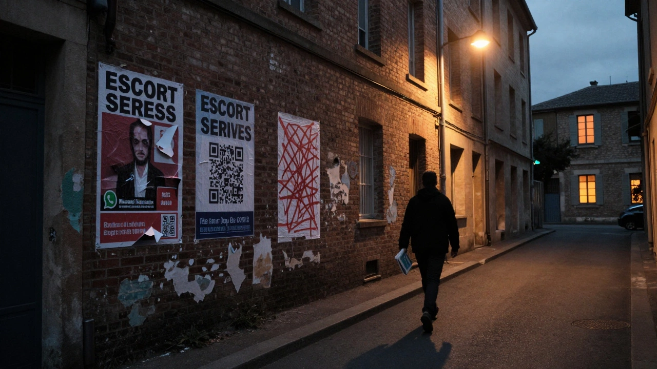 Empty Valence alley with torn escort posters and a person walking away at dusk.