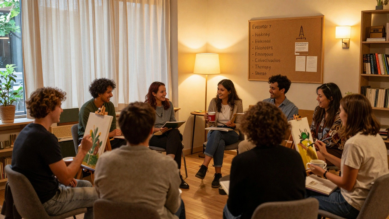 Warm community center with people engaging in book club, art, and events at night.